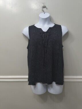 Y2K Fairy Grunge Boho Washed Black/Charcoal Lace-Up Sleeveless Tank Top M Boho